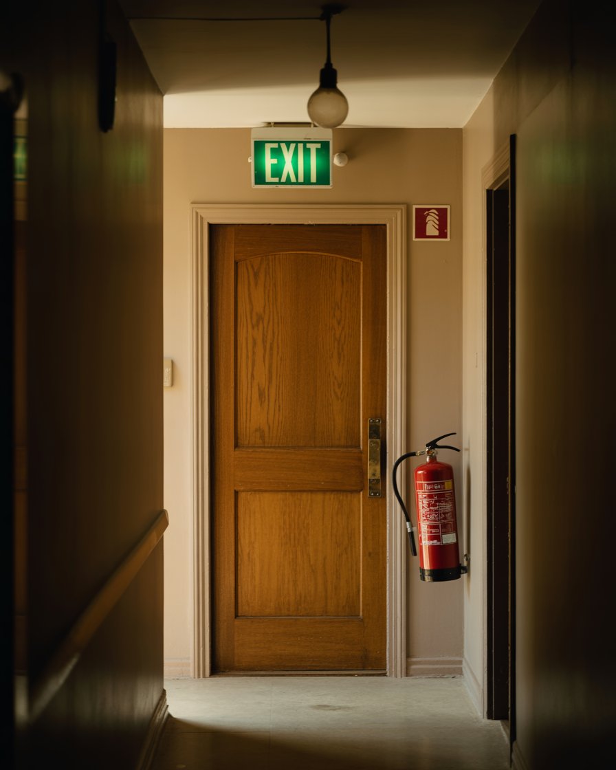 An exit sign above a door, and a fire extinguisher mounted in a hallway.